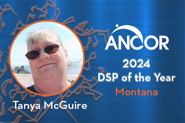 Image of Tanya McGuire on top of a blue background with the words ANCOR 2024 DSP of the Year Montana
